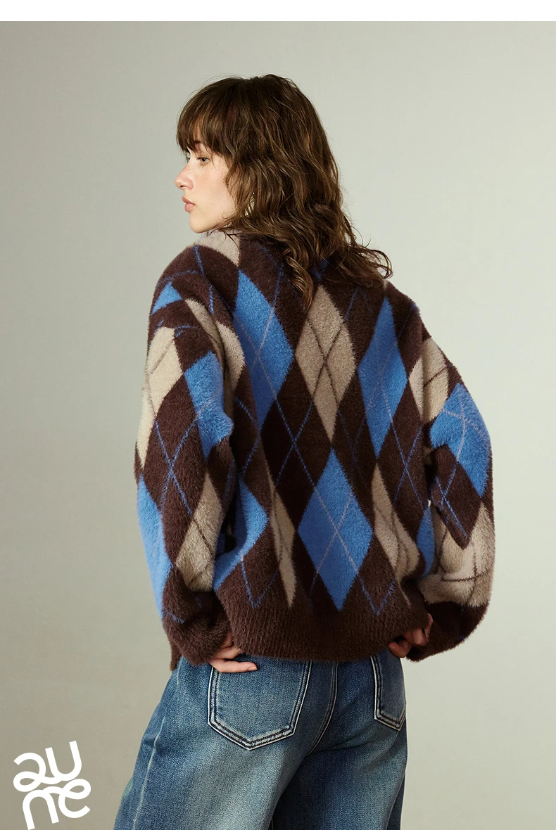 TOYOUTH Women's Sweater 2025 Winter New Loose Crew Neck Amber Streamer Nordic Style Argyle Mink-like Top