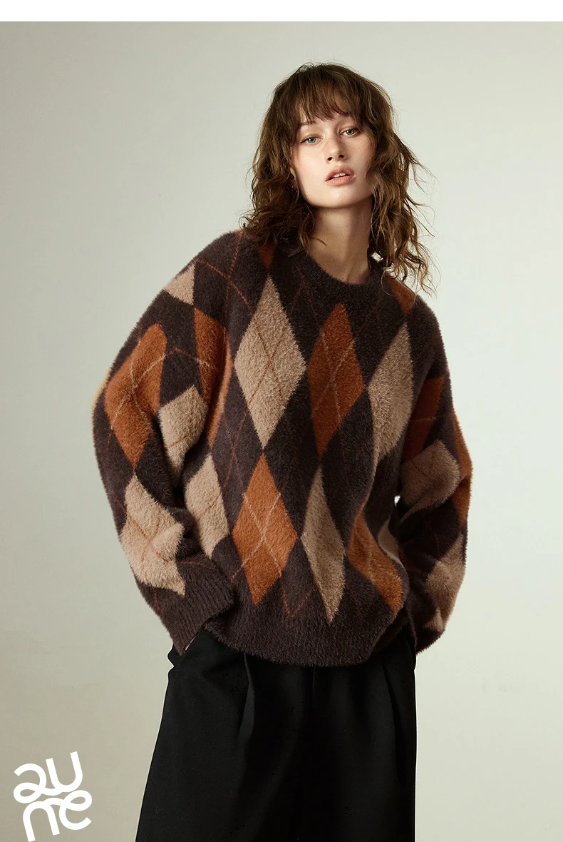 TOYOUTH Women's Sweater 2025 Winter New Loose Crew Neck Amber Streamer Nordic Style Argyle Mink-like Top