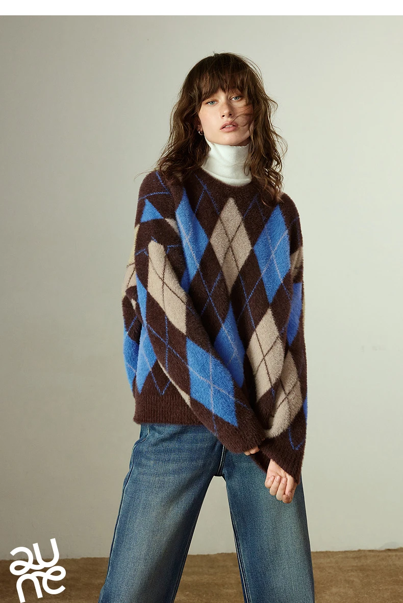 TOYOUTH Women's Sweater 2025 Winter New Loose Crew Neck Amber Streamer Nordic Style Argyle Mink-like Top