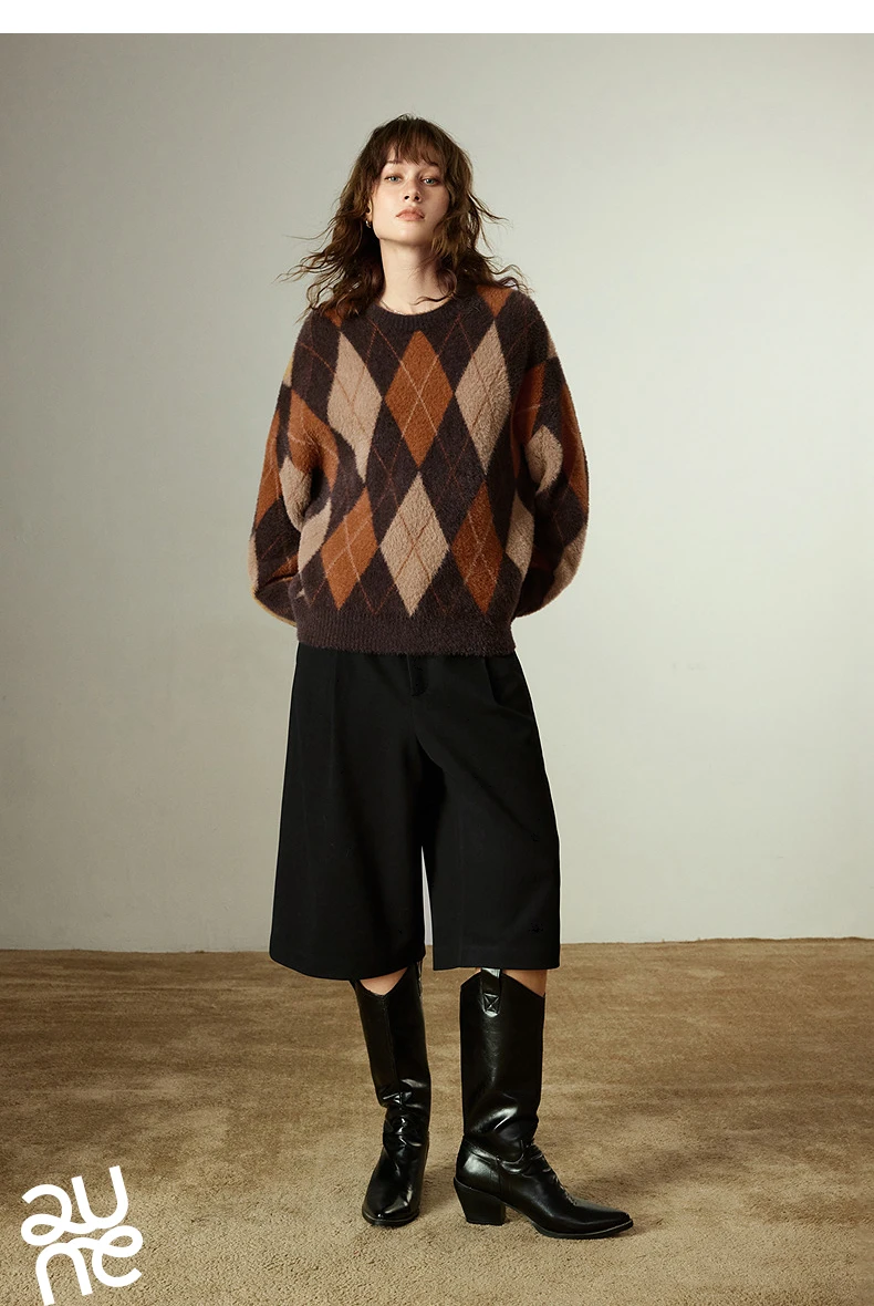 TOYOUTH Women's Sweater 2025 Winter New Loose Crew Neck Amber Streamer Nordic Style Argyle Mink-like Top