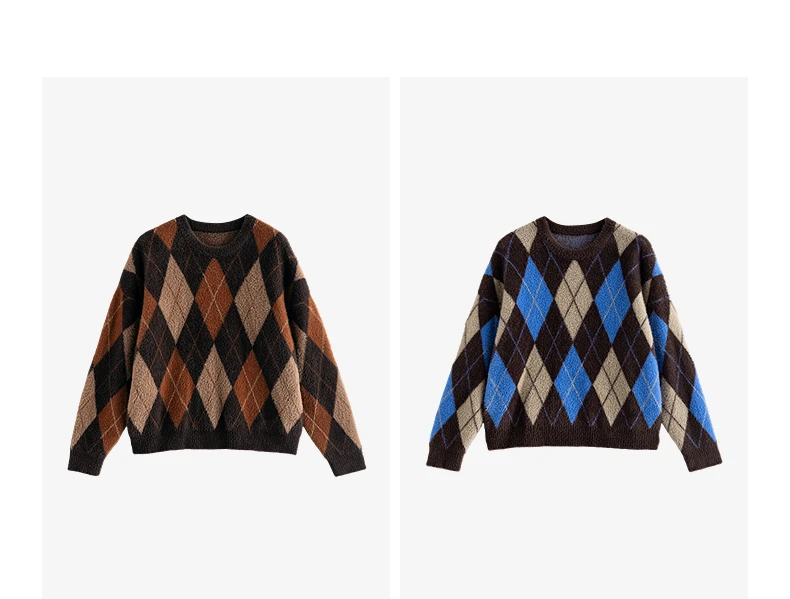 TOYOUTH Women's Sweater 2025 Winter New Loose Crew Neck Amber Streamer Nordic Style Argyle Mink-like Top