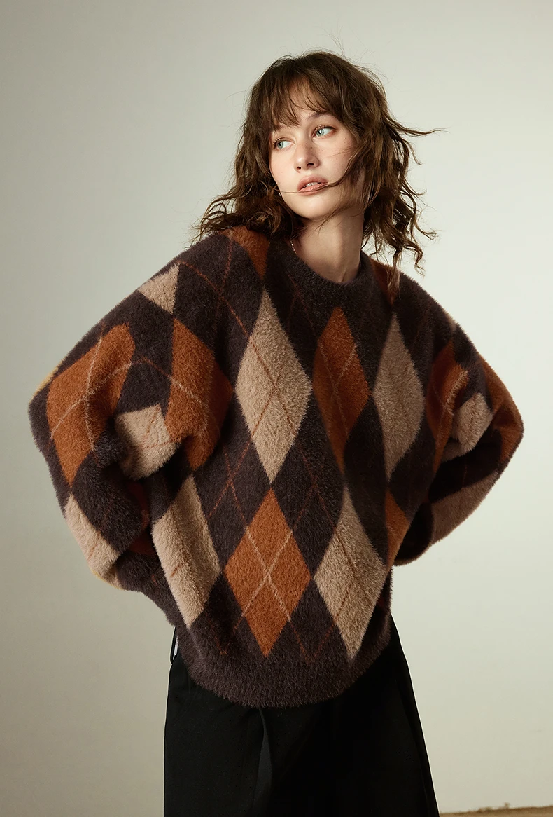 TOYOUTH Women's Sweater 2025 Winter New Loose Crew Neck Amber Streamer Nordic Style Argyle Mink-like Top