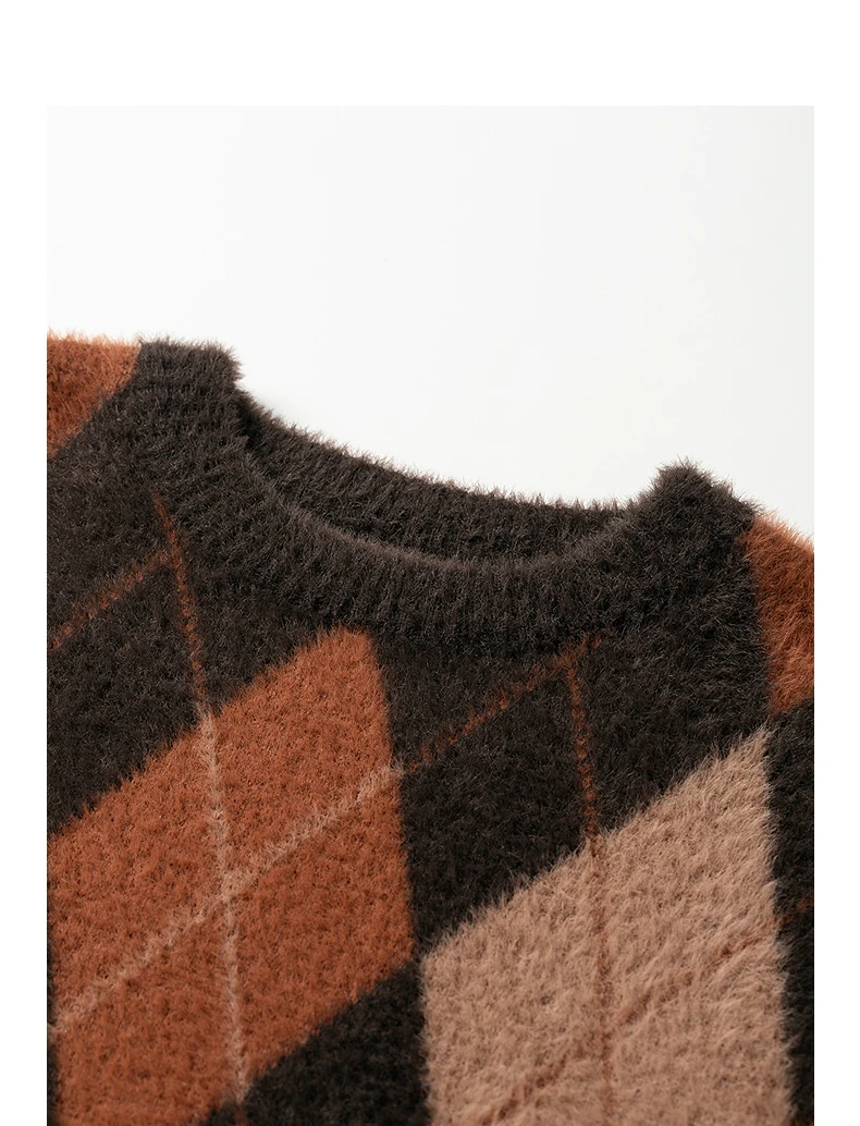 TOYOUTH Women's Sweater 2025 Winter New Loose Crew Neck Amber Streamer Nordic Style Argyle Mink-like Top