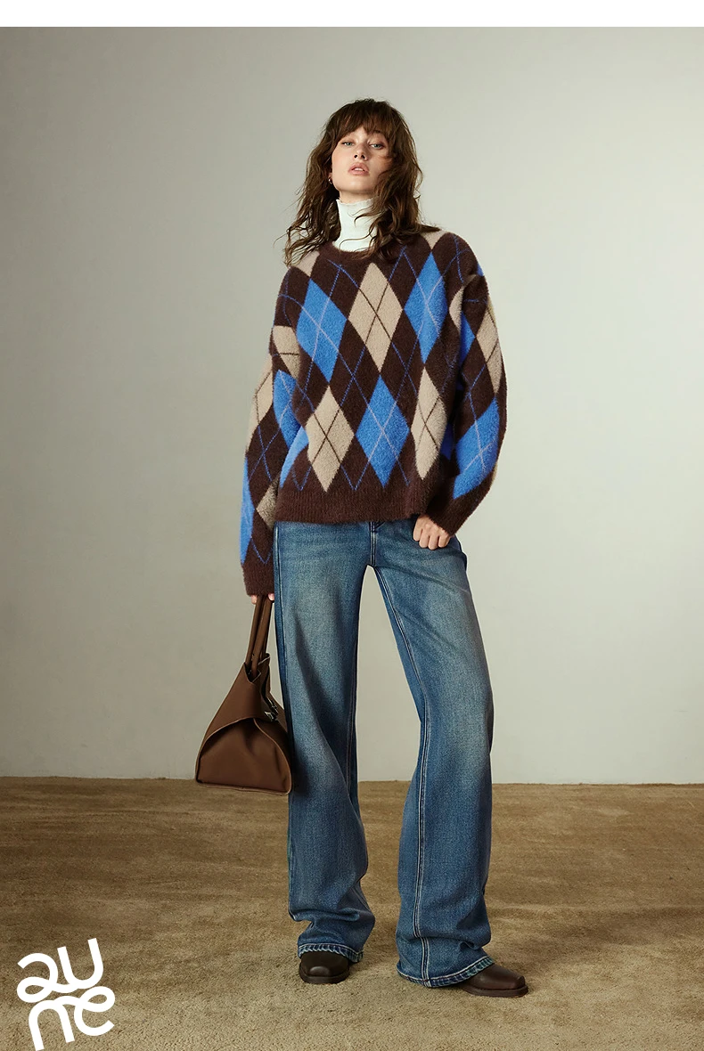 TOYOUTH Women's Sweater 2025 Winter New Loose Crew Neck Amber Streamer Nordic Style Argyle Mink-like Top