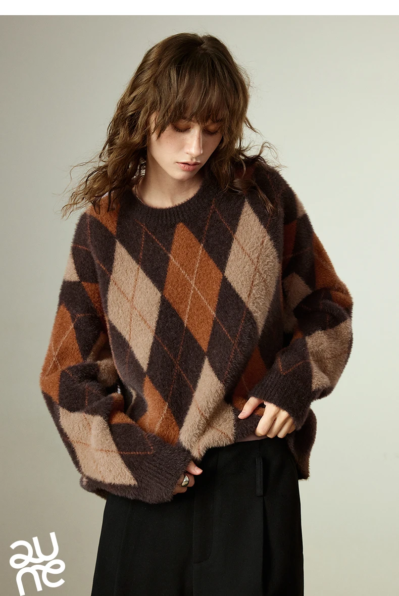 TOYOUTH Women's Sweater 2025 Winter New Loose Crew Neck Amber Streamer Nordic Style Argyle Mink-like Top