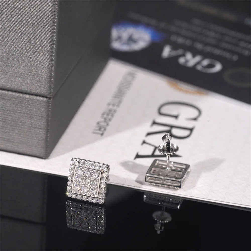 925 Sterling Silver VVS1 D Color Moissanite Square Stud Earrings for Men Women Screw Ear Stud Fine Jewelry Diamonds Pass Test