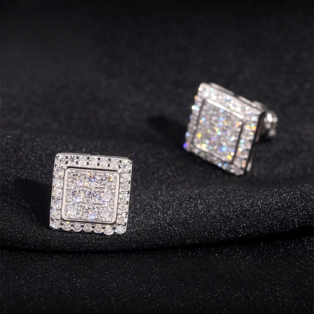 925 Sterling Silver VVS1 D Color Moissanite Square Stud Earrings for Men Women Screw Ear Stud Fine Jewelry Diamonds Pass Test
