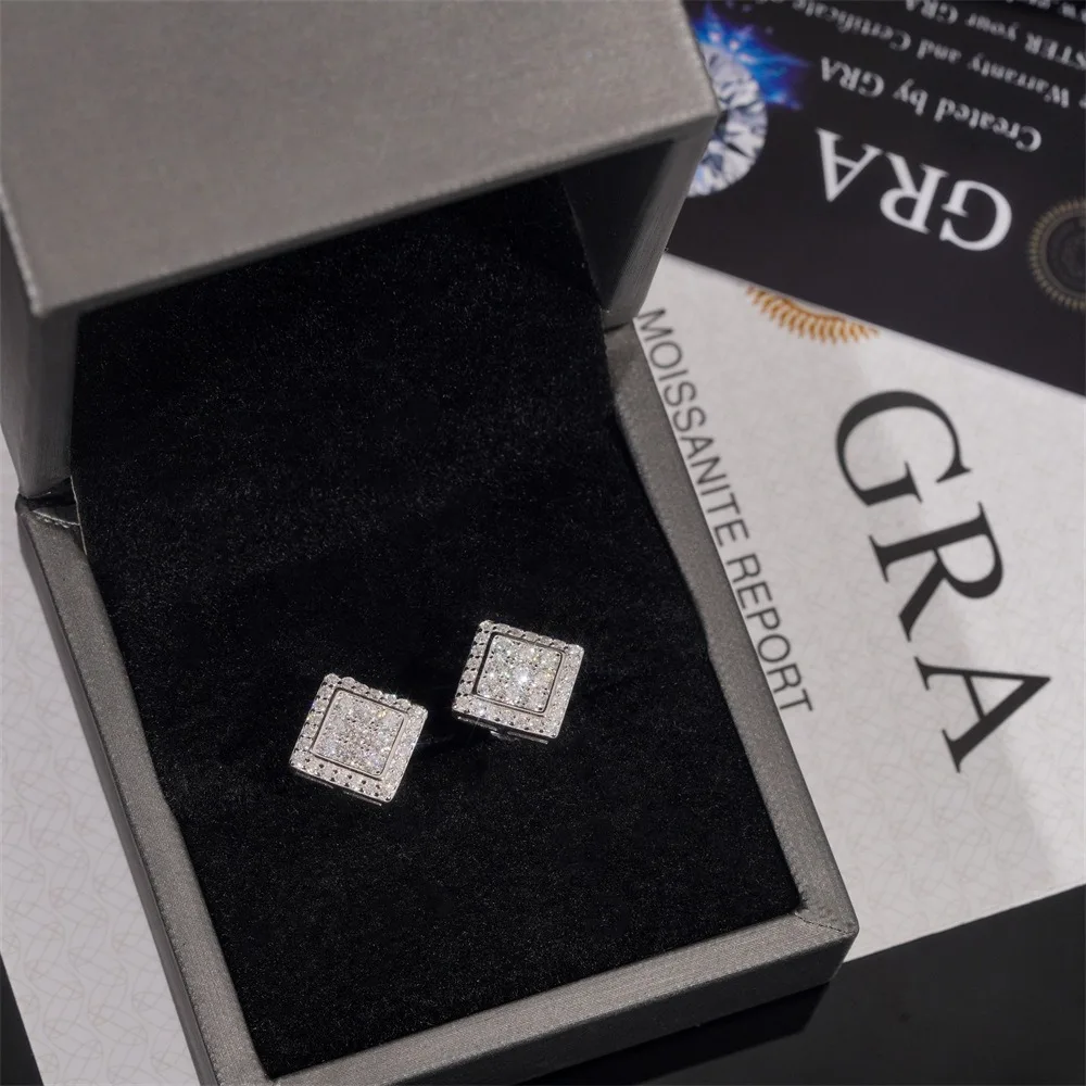 925 Sterling Silver VVS1 D Color Moissanite Square Stud Earrings for Men Women Screw Ear Stud Fine Jewelry Diamonds Pass Test