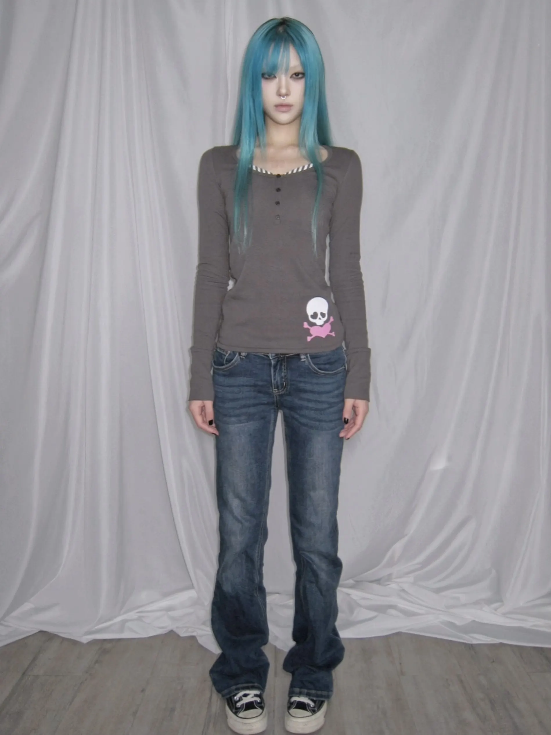 Karrcat Trashy Y2k Skull Print T-shirt Grunge Aesthetics Fake Two-piece Tops Vintage 2000s Style Streetwear American Retro 90s