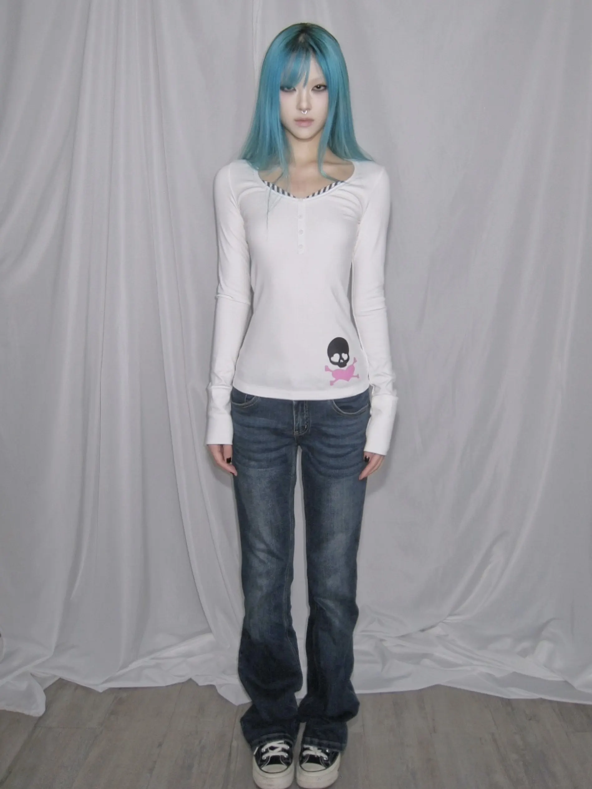 Karrcat Trashy Y2k Skull Print T-shirt Grunge Aesthetics Fake Two-piece Tops Vintage 2000s Style Streetwear American Retro 90s