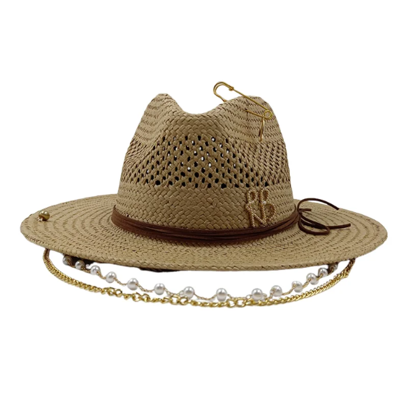RB straw hat white pearl tassel series summer women's hat beach hat women's summer jazz hat trendy Panama straw hat