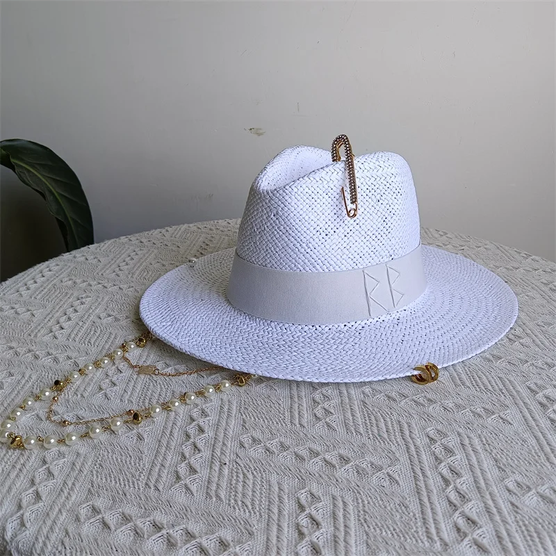 RB straw hat white pearl tassel series summer women's hat beach hat women's summer jazz hat trendy Panama straw hat