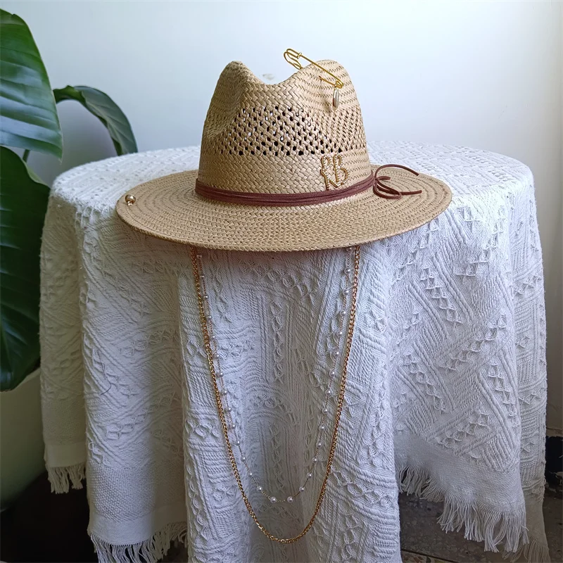 RB straw hat white pearl tassel series summer women's hat beach hat women's summer jazz hat trendy Panama straw hat
