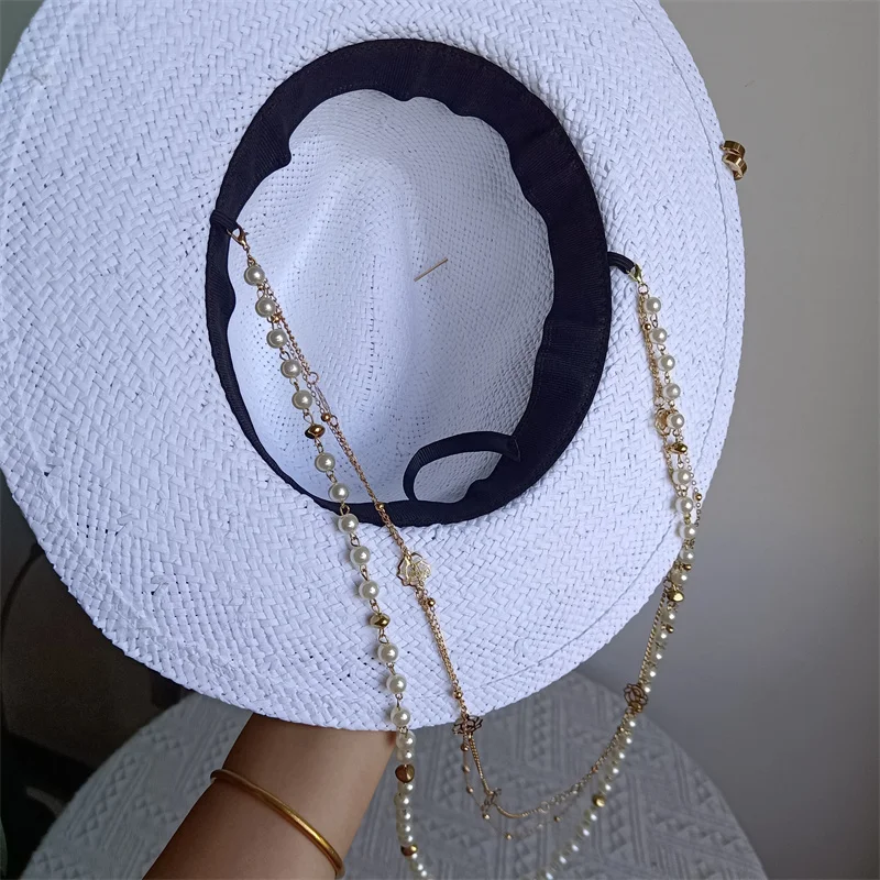 RB straw hat white pearl tassel series summer women's hat beach hat women's summer jazz hat trendy Panama straw hat