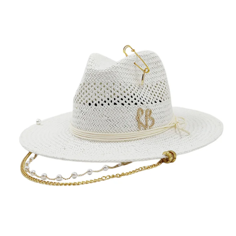 RB straw hat white pearl tassel series summer women's hat beach hat women's summer jazz hat trendy Panama straw hat