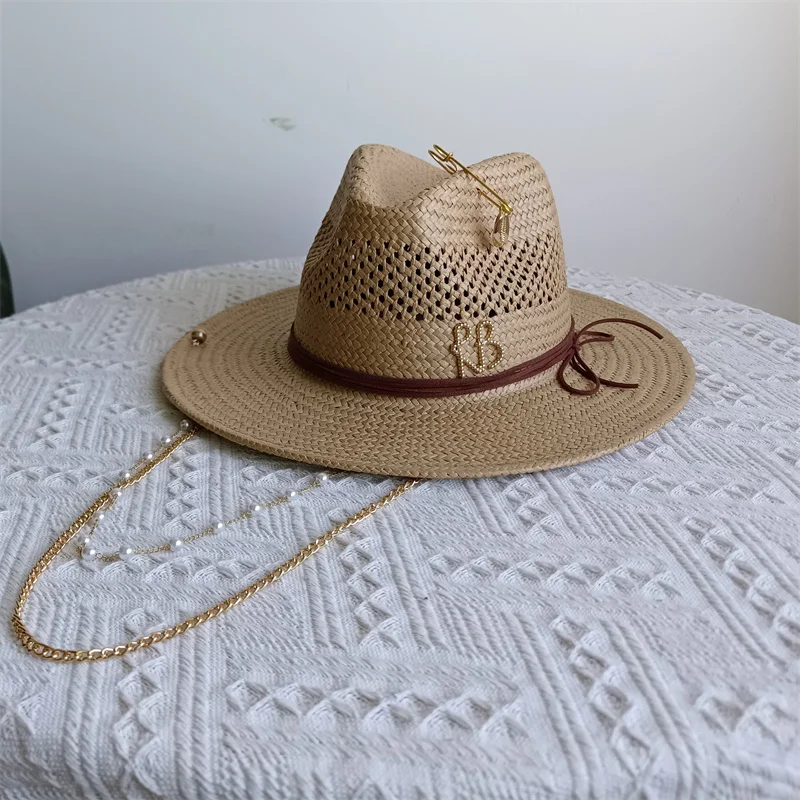 RB straw hat white pearl tassel series summer women's hat beach hat women's summer jazz hat trendy Panama straw hat