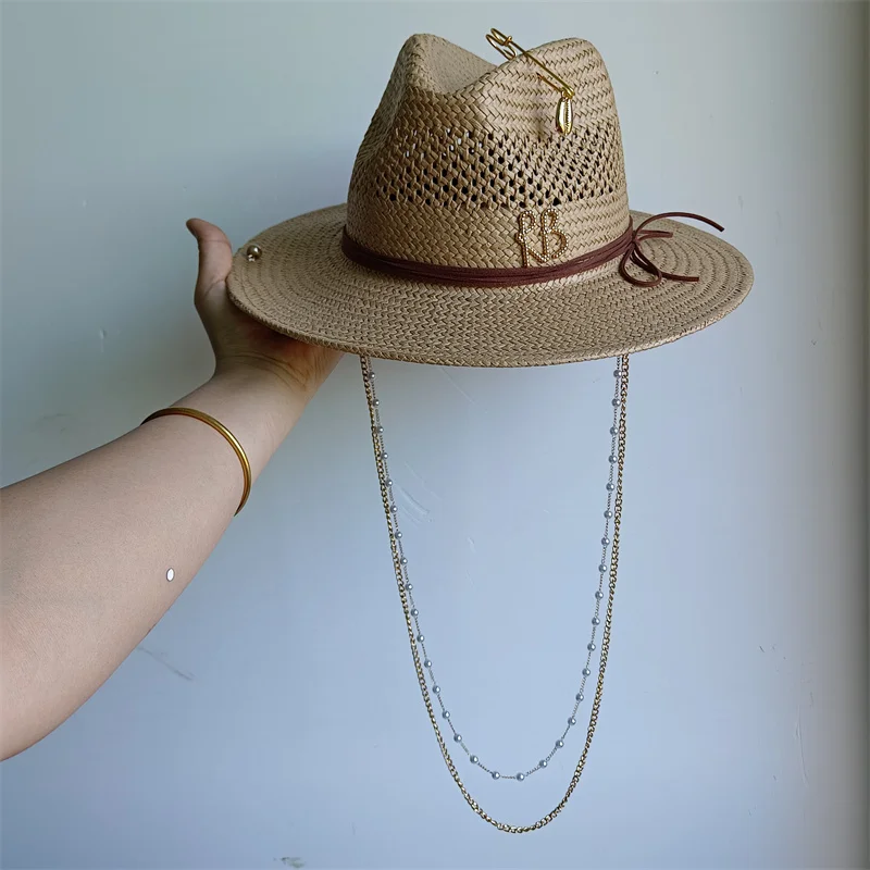 RB straw hat white pearl tassel series summer women's hat beach hat women's summer jazz hat trendy Panama straw hat