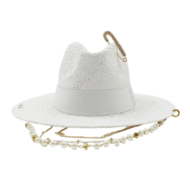 RB straw hat white pearl tassel series summer women's hat beach hat women's summer jazz hat trendy Panama straw hat
