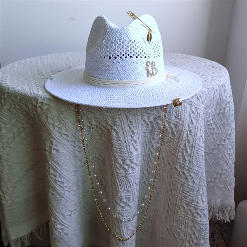 RB straw hat white pearl tassel series summer women's hat beach hat women's summer jazz hat trendy Panama straw hat