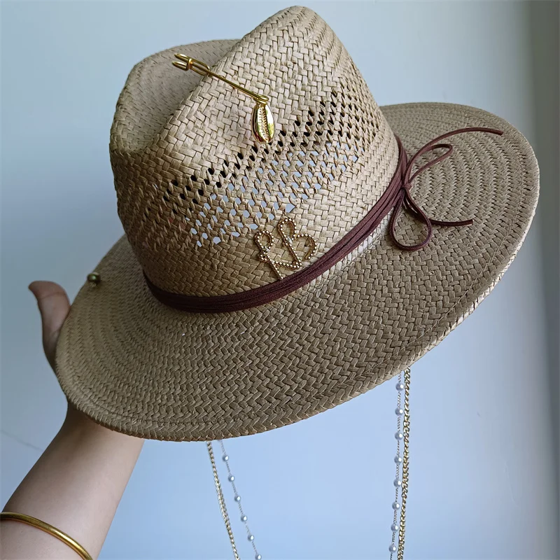 RB straw hat white pearl tassel series summer women's hat beach hat women's summer jazz hat trendy Panama straw hat