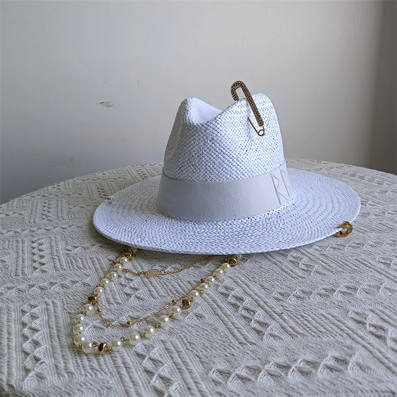 RB straw hat white pearl tassel series summer women's hat beach hat women's summer jazz hat trendy Panama straw hat
