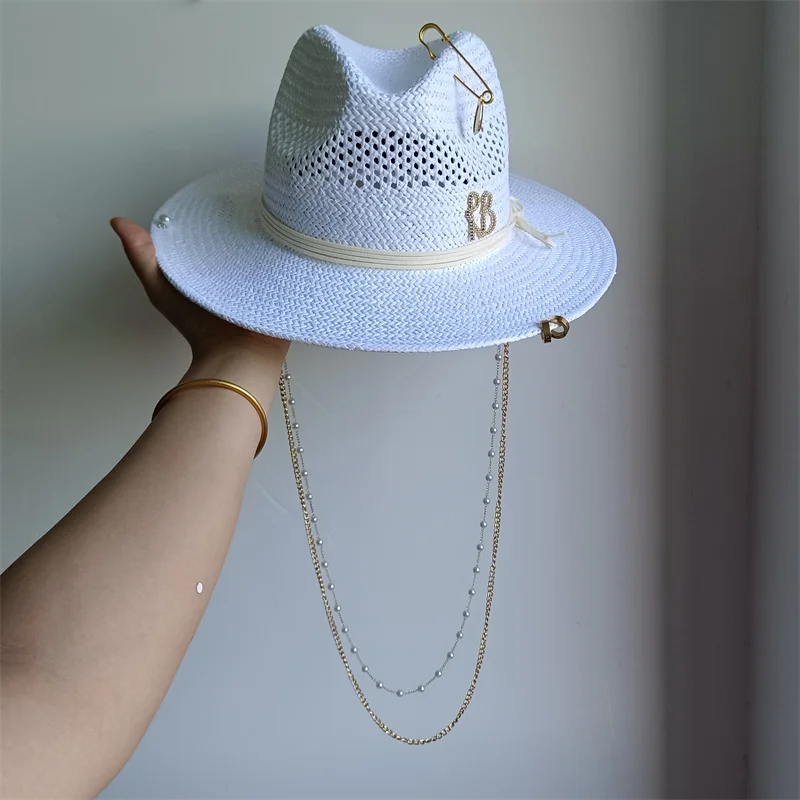 RB straw hat white pearl tassel series summer women's hat beach hat women's summer jazz hat trendy Panama straw hat