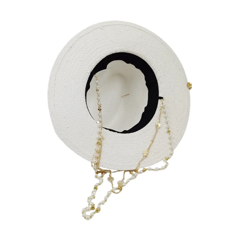 RB straw hat white pearl tassel series summer women's hat beach hat women's summer jazz hat trendy Panama straw hat