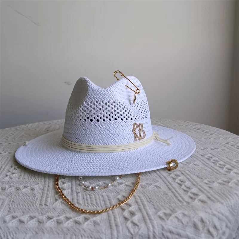 RB straw hat white pearl tassel series summer women's hat beach hat women's summer jazz hat trendy Panama straw hat