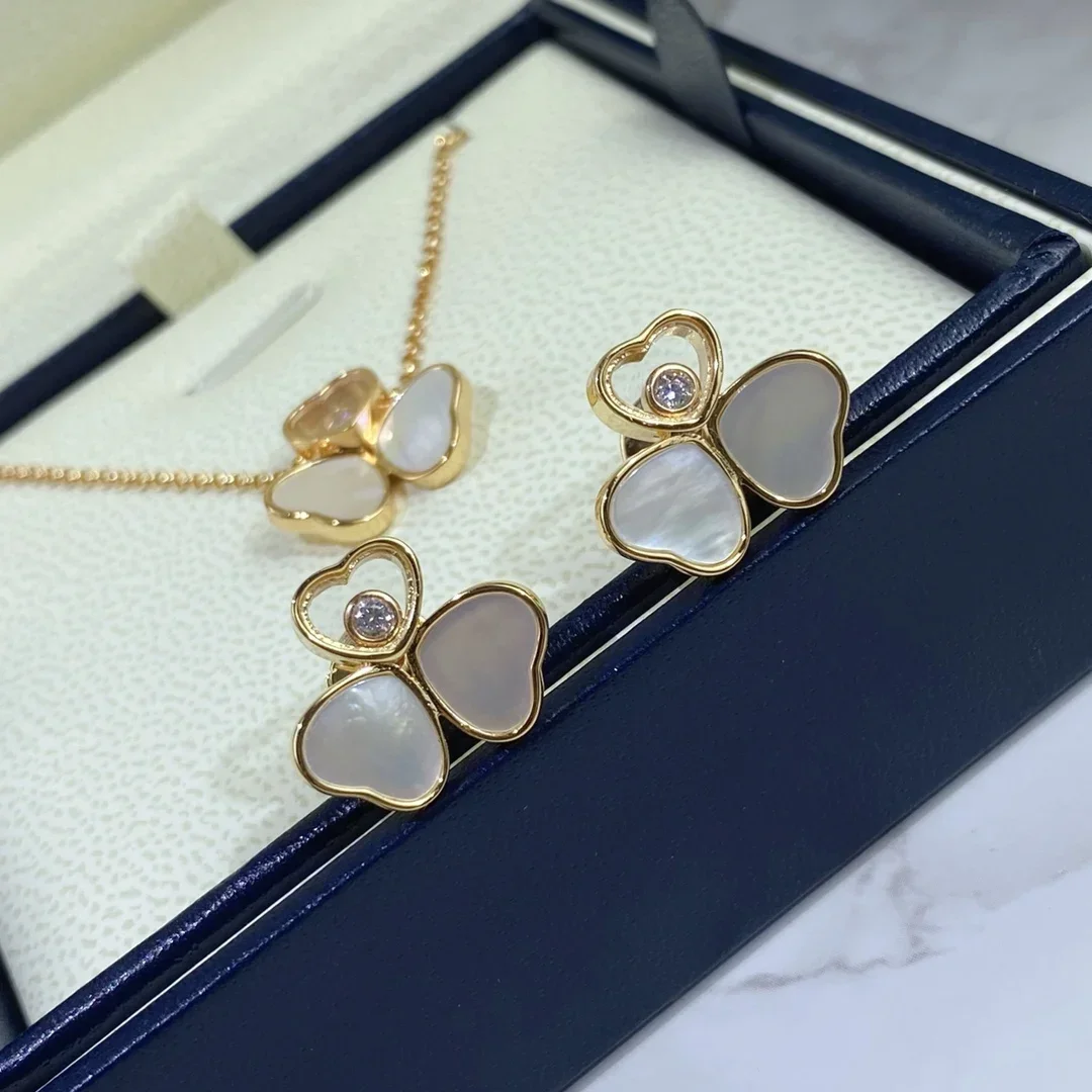 White Shell Flower Necklace Pave AAA Zirconia Happy Move Diamond Pandent Necklaces Set For Women Fine Jewelry