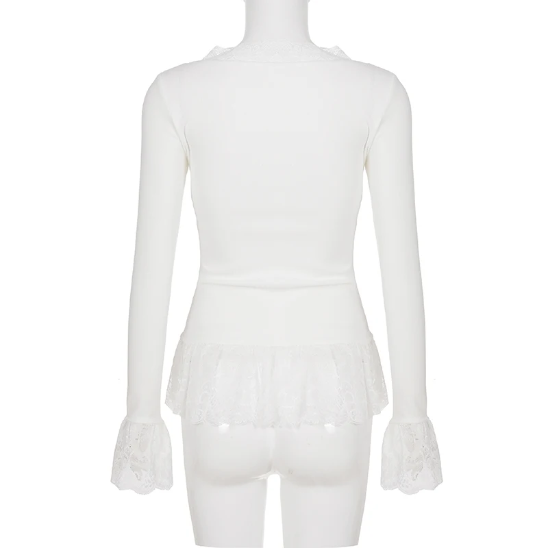 White Patchwork Lace Trim Bow T-Shirt Casual Slim V-Neck Long Sleeve Tees Women 2026 Autumn Spring Fashion Streetwear Clothes