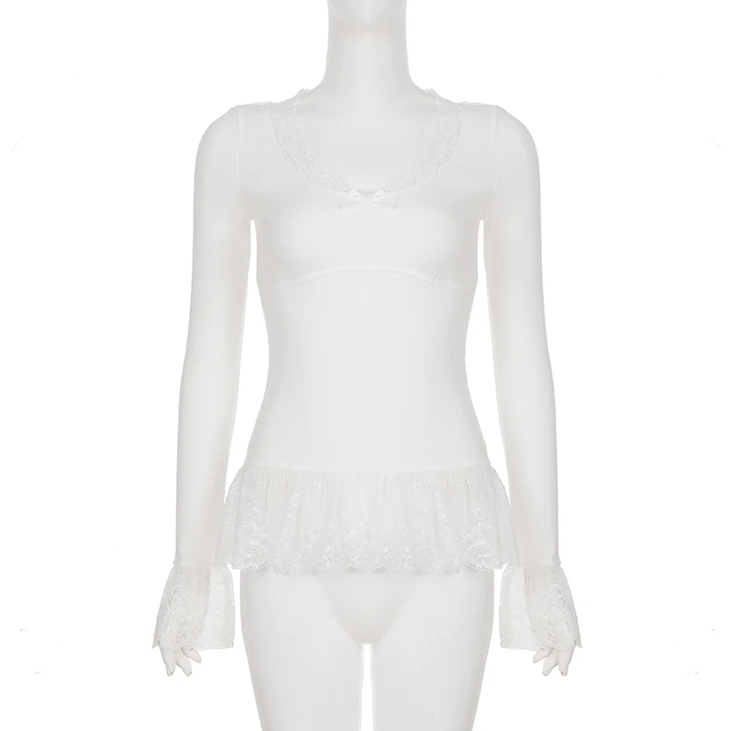 White Patchwork Lace Trim Bow T-Shirt Casual Slim V-Neck Long Sleeve Tees Women 2026 Autumn Spring Fashion Streetwear Clothes