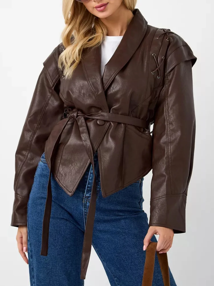 Ailegogo Spring Autumn Women Vintage Streetwear Loose Belt Single Button Long Sleeve Faux Leather Jacket Outwear