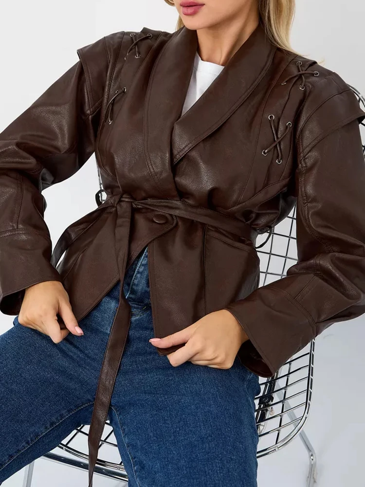 Ailegogo Spring Autumn Women Vintage Streetwear Loose Belt Single Button Long Sleeve Faux Leather Jacket Outwear