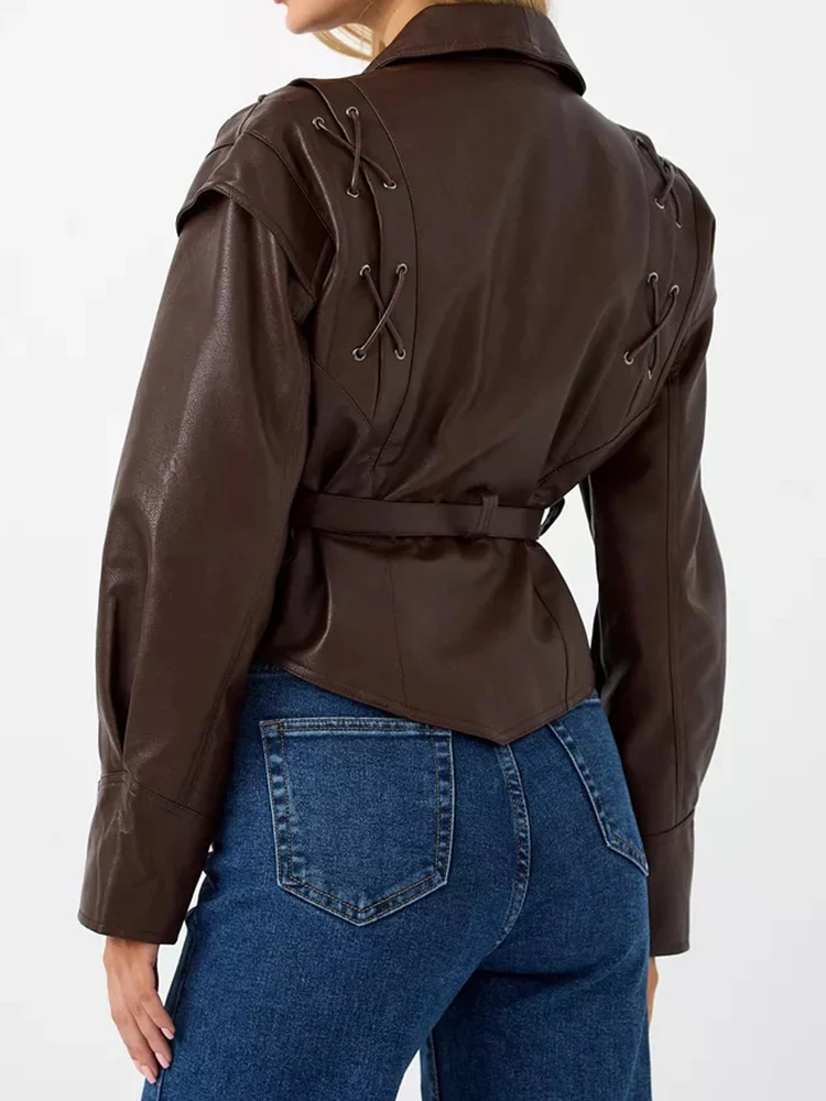 Ailegogo Spring Autumn Women Vintage Streetwear Loose Belt Single Button Long Sleeve Faux Leather Jacket Outwear