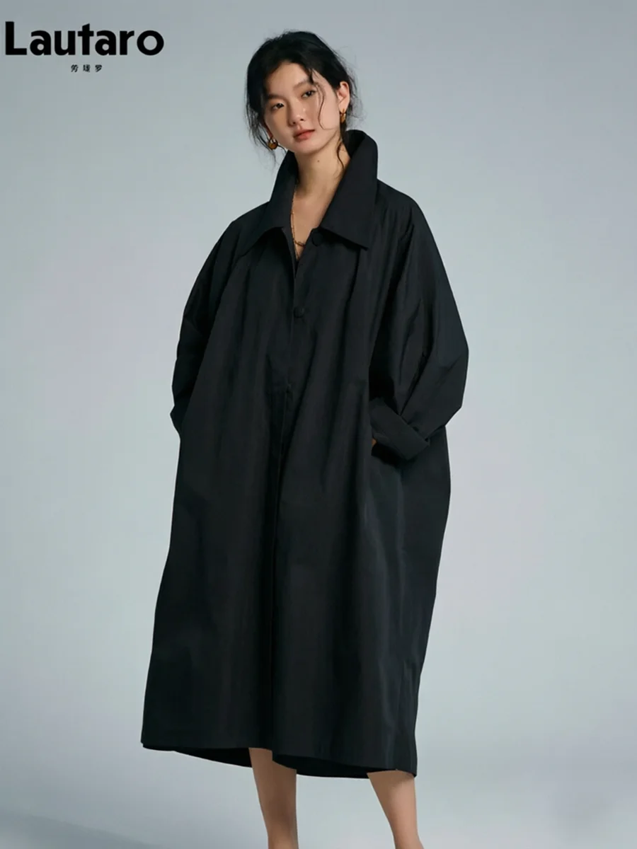 Lautaro Spring Autumn Long Oversized Thin Pink Trench Coat for Women Single Breasted Elegant Chic Luxury Designer Clothing 2026