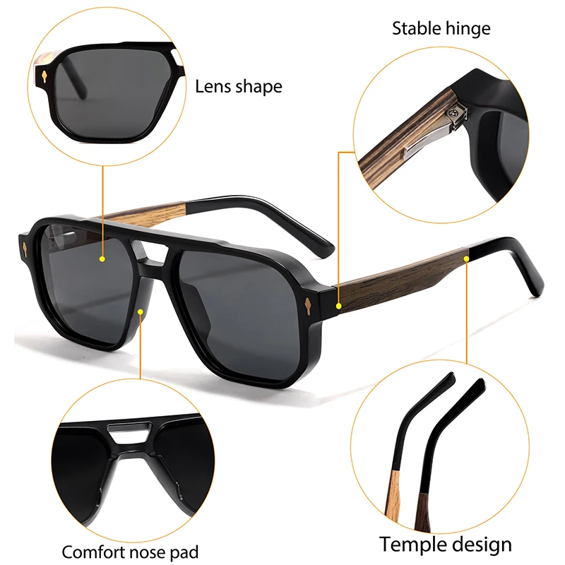 CATERSIDE Men's Polarized Pilot Sunglasses UV400 Premium Tr Frame & Wood Temple Retro Square Sun Glasses for Driving Fishing