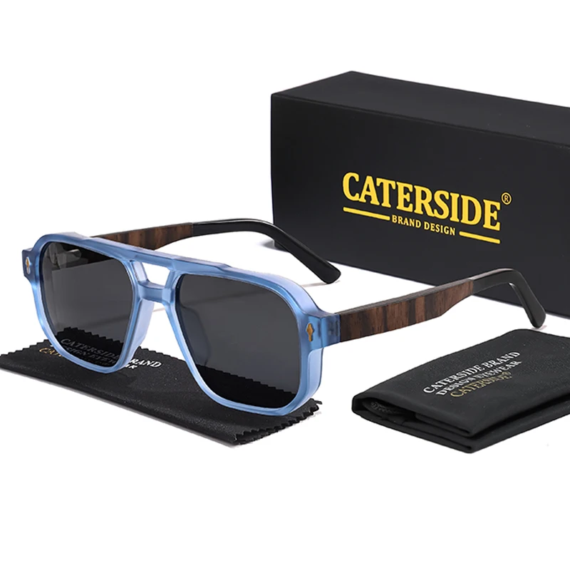 CATERSIDE Men's Polarized Pilot Sunglasses UV400 Premium Tr Frame & Wood Temple Retro Square Sun Glasses for Driving Fishing
