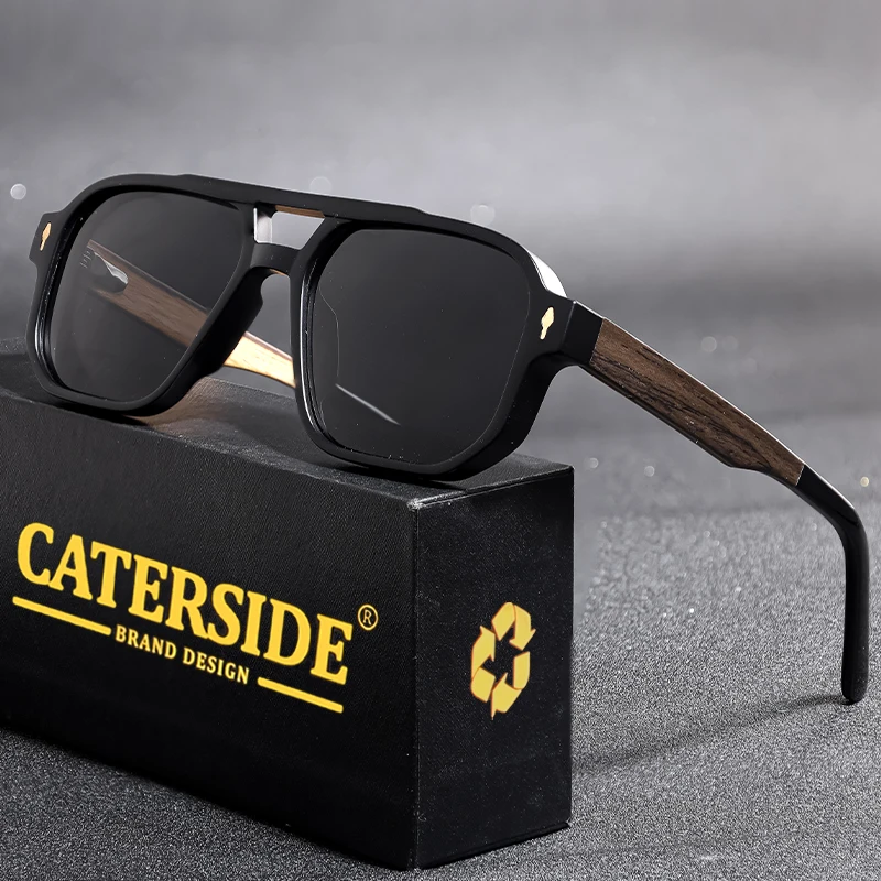 CATERSIDE Men's Polarized Pilot Sunglasses UV400 Premium Tr Frame & Wood Temple Retro Square Sun Glasses for Driving Fishing