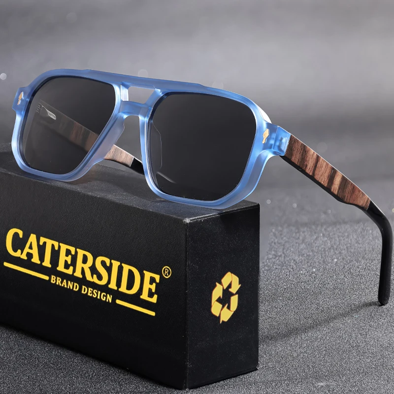 CATERSIDE Men's Polarized Pilot Sunglasses UV400 Premium Tr Frame & Wood Temple Retro Square Sun Glasses for Driving Fishing