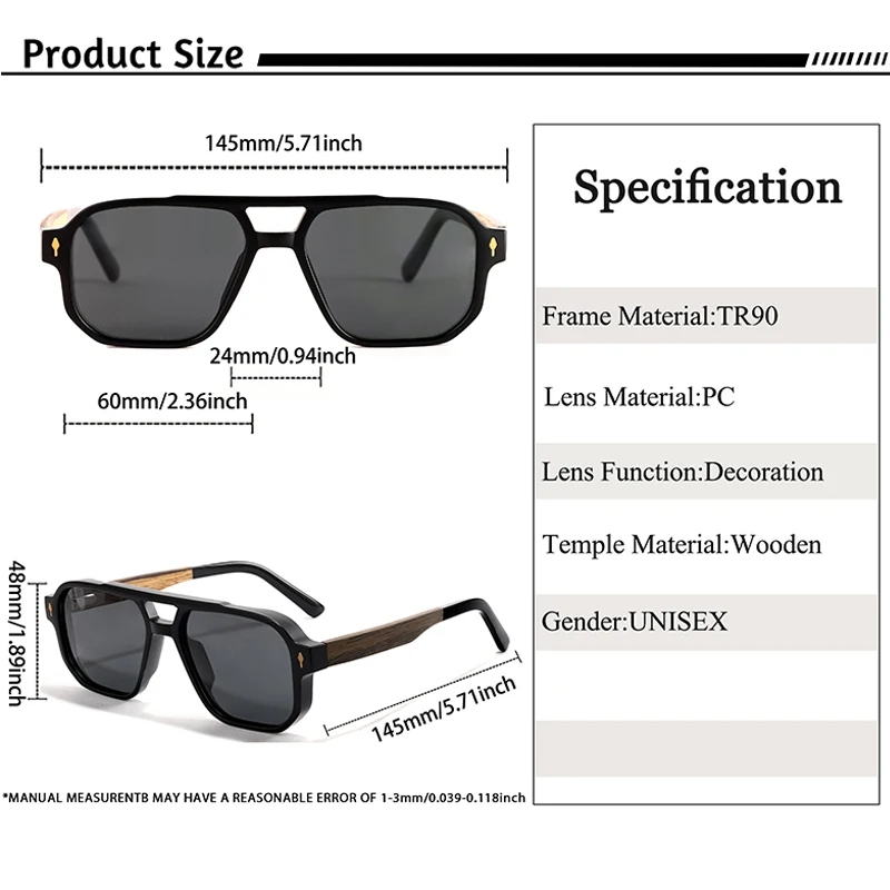 CATERSIDE Men's Polarized Pilot Sunglasses UV400 Premium Tr Frame & Wood Temple Retro Square Sun Glasses for Driving Fishing