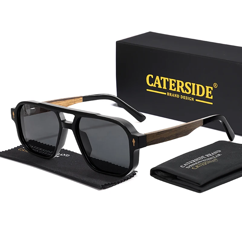 CATERSIDE Men's Polarized Pilot Sunglasses UV400 Premium Tr Frame & Wood Temple Retro Square Sun Glasses for Driving Fishing