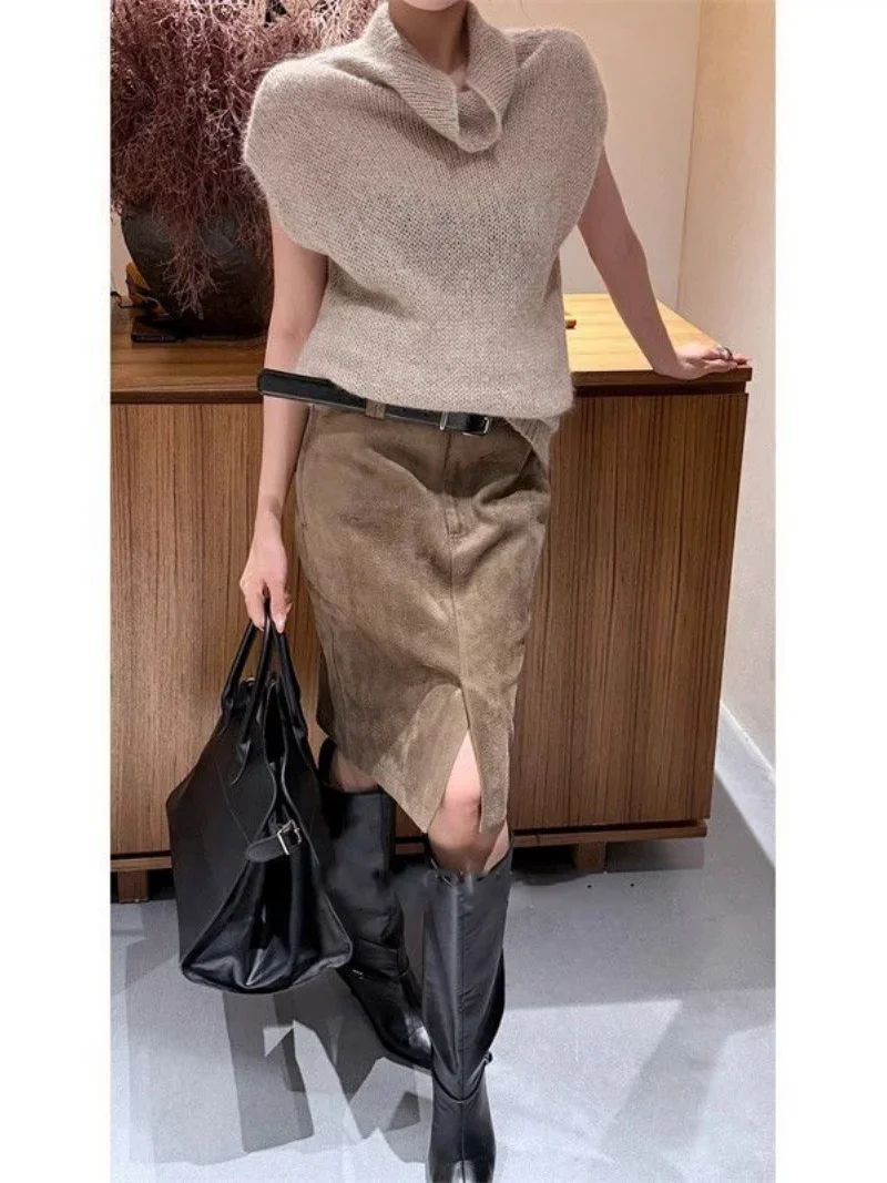 New Fashion Split Spring Autumn Skirt Wome High Waist Slim Straight Retro Tube Skirts Casual Party Jupe Solid Color