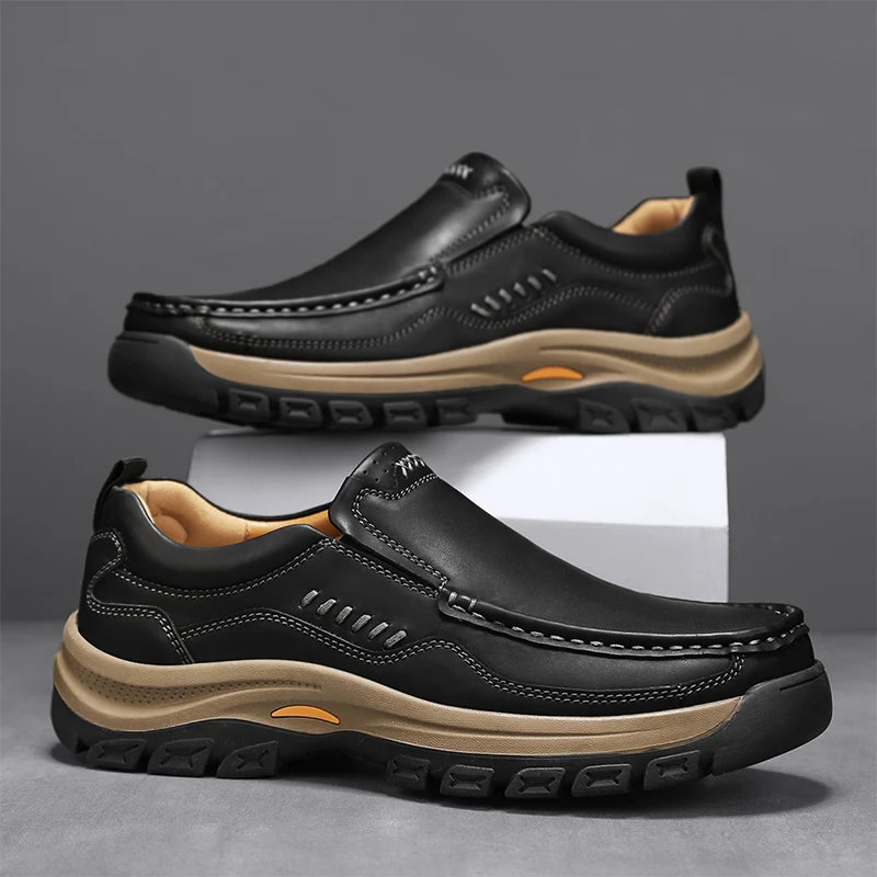 Men's Hand-Stitched Fashion Loafers, Solid Color Low-Top Casual Shoes, Simple Trendy Slip-On Sneakers, Men's Shoes for All Seasons, Daily Office Business Shoes, Large Size Men's Shoes