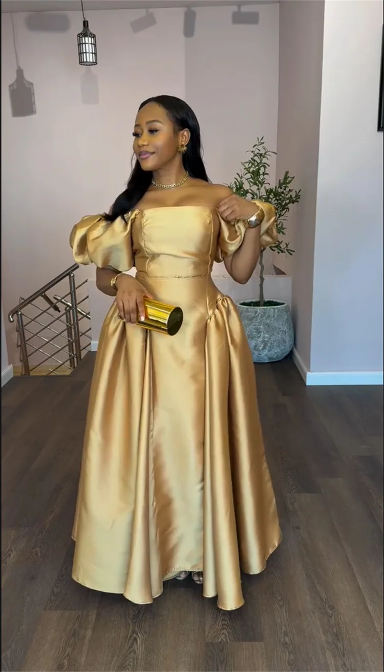Elegant Dress for Women's Puff Sleeve Square Collar Gold Solid Pleated A-line Evening Party Cocktail Maxi Dresses