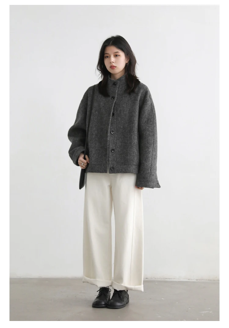 CHIC VEN Women Short Woolen Coat New Stand Up Twill Texture Single Breasted Ladies Jacket Retro Woman Outwear Autumn Winter 2025
