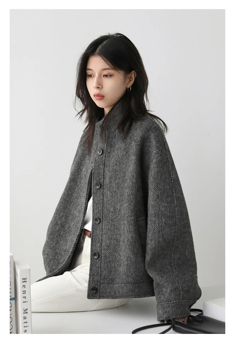 CHIC VEN Women Short Woolen Coat New Stand Up Twill Texture Single Breasted Ladies Jacket Retro Woman Outwear Autumn Winter 2025