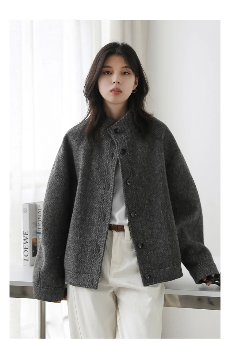 CHIC VEN Women Short Woolen Coat New Stand Up Twill Texture Single Breasted Ladies Jacket Retro Woman Outwear Autumn Winter 2025