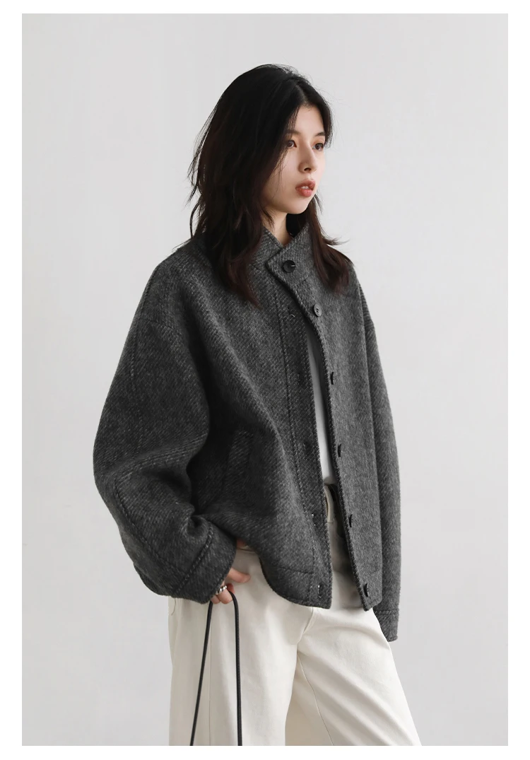 CHIC VEN Women Short Woolen Coat New Stand Up Twill Texture Single Breasted Ladies Jacket Retro Woman Outwear Autumn Winter 2025