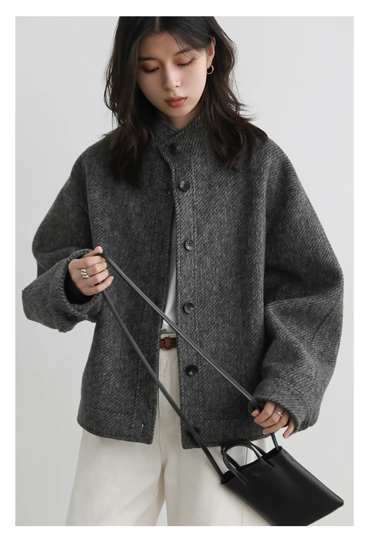 CHIC VEN Women Short Woolen Coat New Stand Up Twill Texture Single Breasted Ladies Jacket Retro Woman Outwear Autumn Winter 2025