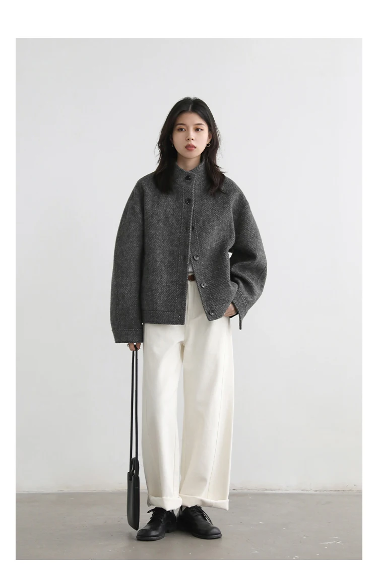 CHIC VEN Women Short Woolen Coat New Stand Up Twill Texture Single Breasted Ladies Jacket Retro Woman Outwear Autumn Winter 2025